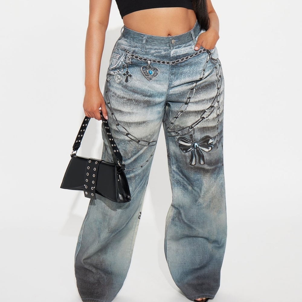 Fashion Nova Gray Chain-Embellished Wide Leg Jeans